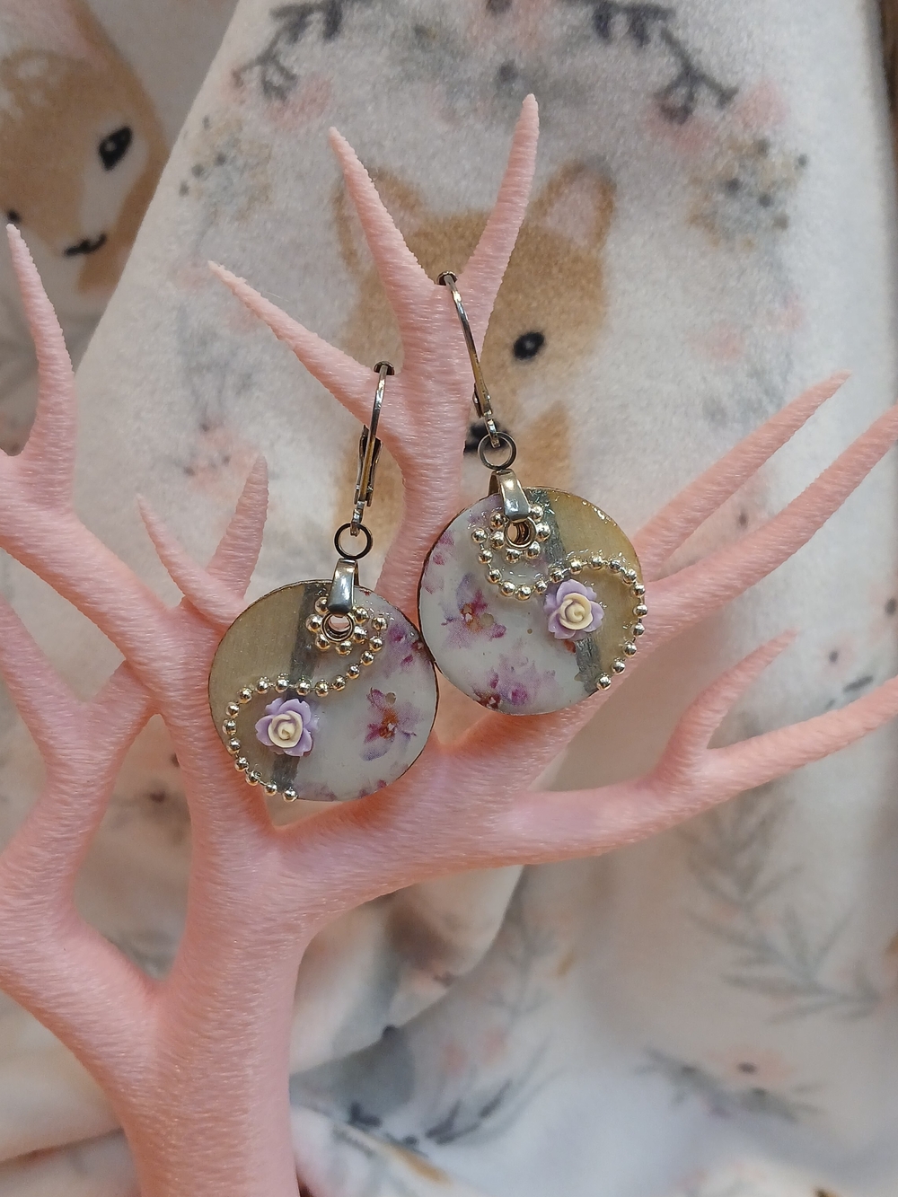 Handcrafted Floral Round Drop Earrings with Lilac Roses